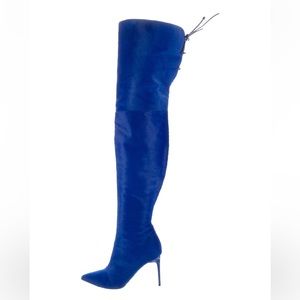 Oscar De La Renta F/W 2017 Frederikke Cobalt Blue Ponyhair Thigh High Boots US 7